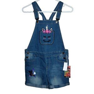 Vigoss Girls Youth Size Large Blue Denim Jean Stretch Overall Shorts Unicorn NEW